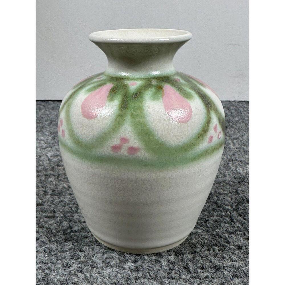 Vintage Stanley Pottery Vase Hand Paint Signed PRINCE EDWARD ISLAND Pink Green